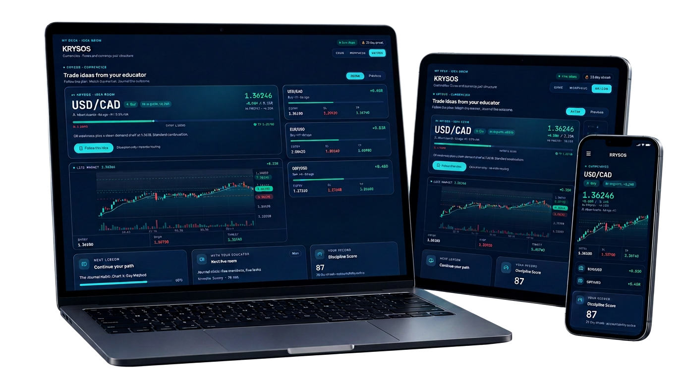 ILMU running on a laptop, tablet and phone — trade ideas, live chart and discipline score
